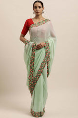 Georgette Sequin Embroidered Saree In Sea Green