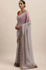 Georgette Sequin Embroidered Saree In Grey