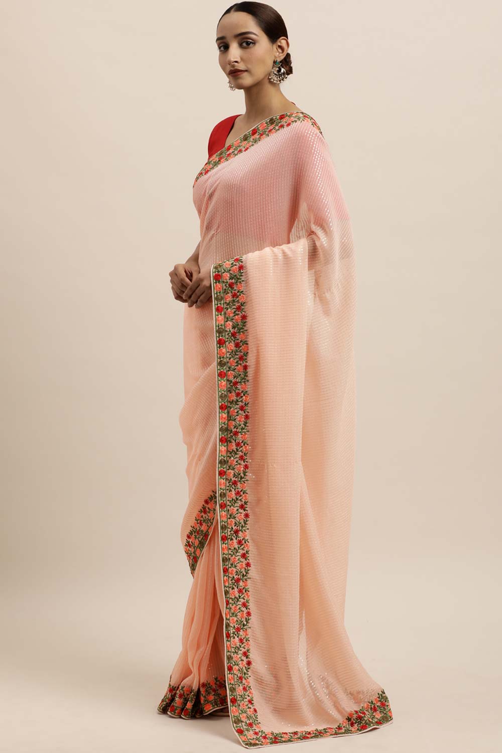 Georgette Sequin Embroidered Saree In Peach