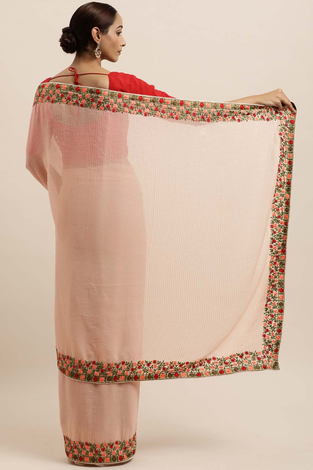 Georgette Sequin Embroidered Saree In Peach