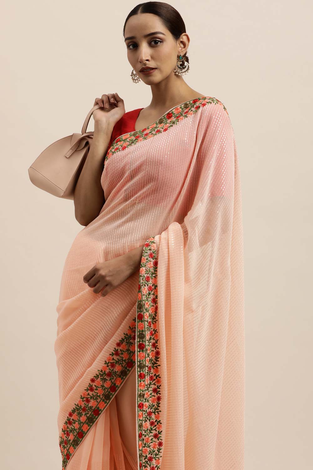 Georgette Sequin Embroidered Saree In Peach