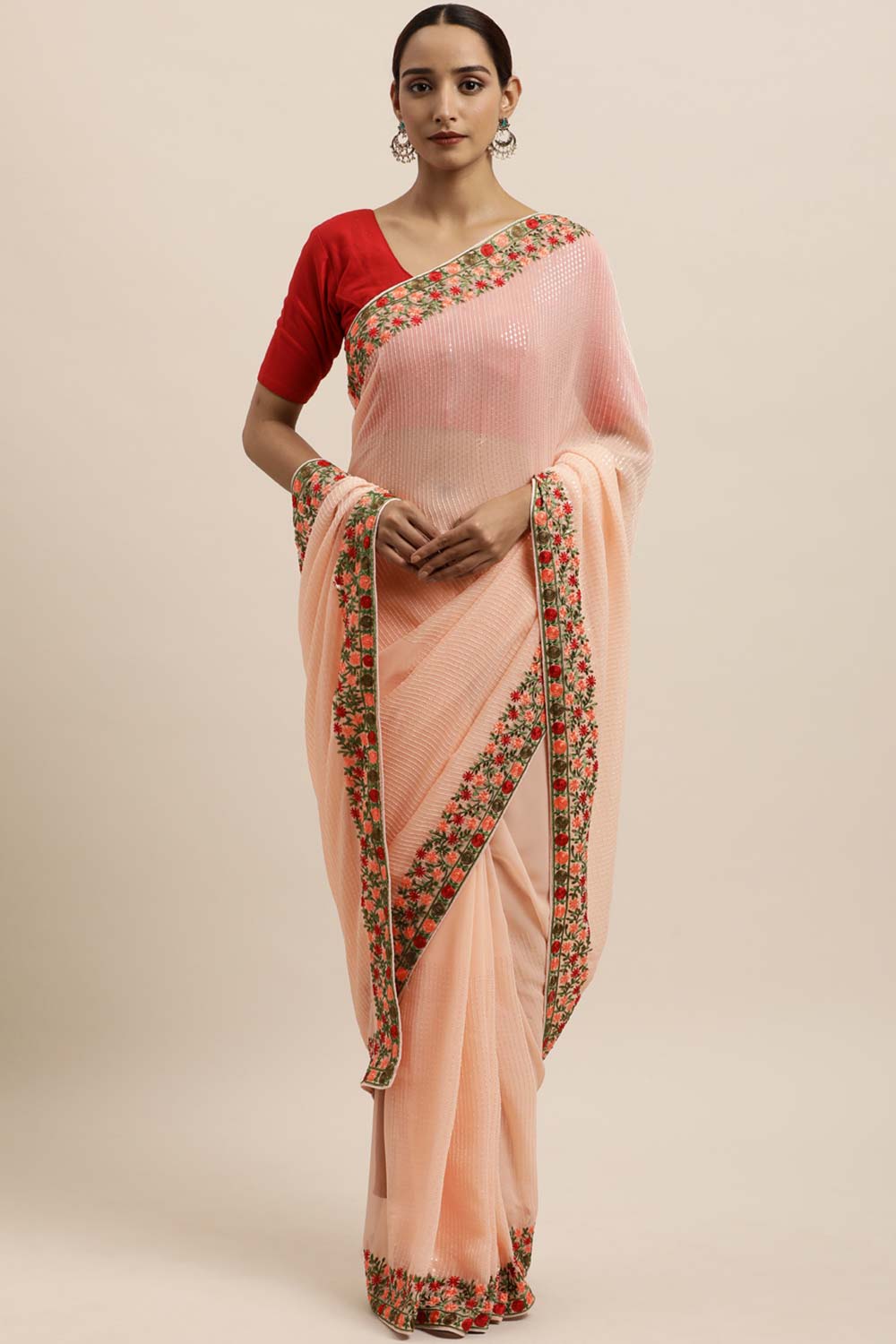 Georgette Sequin Embroidered Saree In Peach