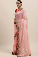 Georgette Sequin Embroidered Saree In Pink