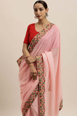 Georgette Sequin Embroidered Saree In Pink