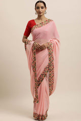 Georgette Sequin Embroidered Saree In Pink