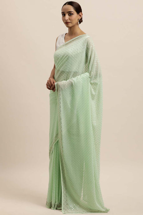 Georgette Sequin Embroidered Saree In Sea Green