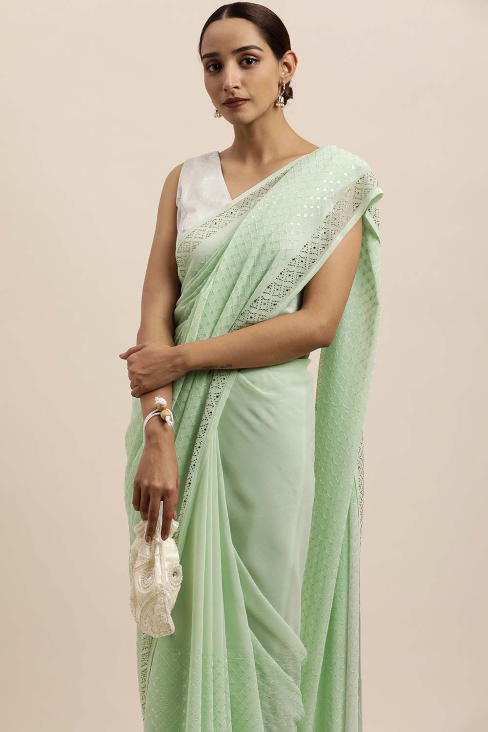 Georgette Sequin Embroidered Saree In Sea Green