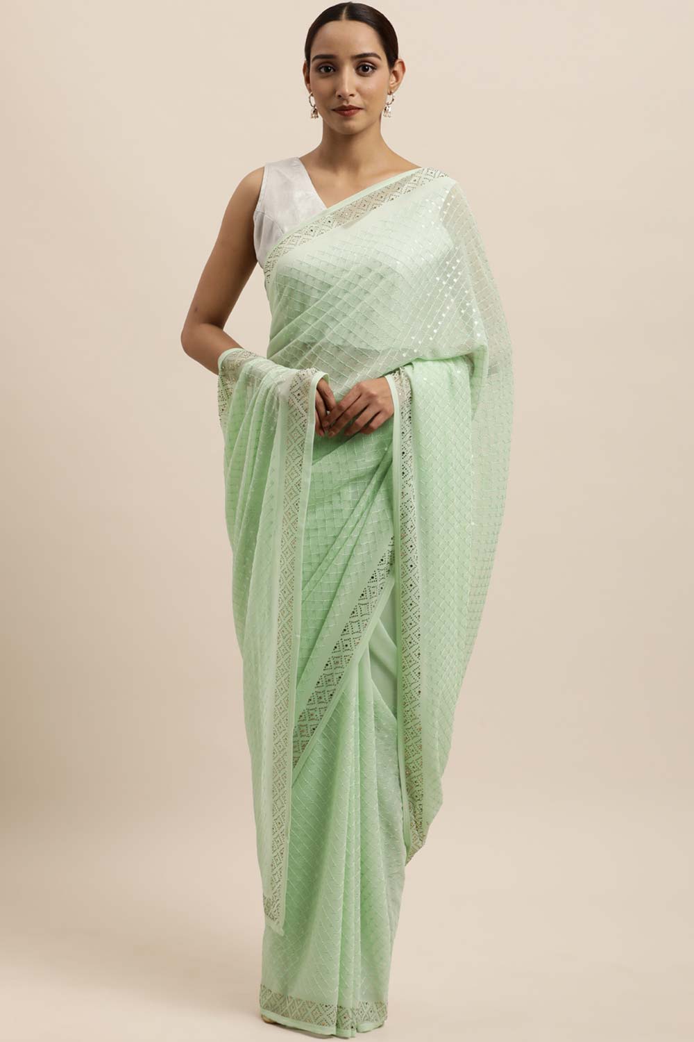 Georgette Sequin Embroidered Saree In Sea Green