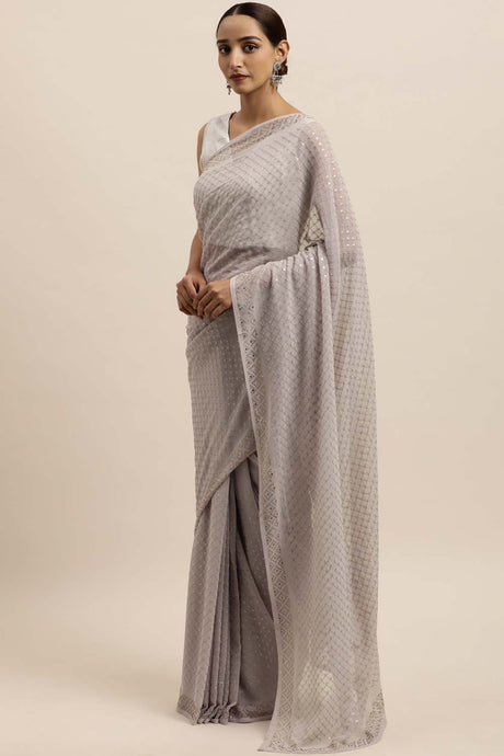 Georgette Sequin Embroidered Saree In Grey