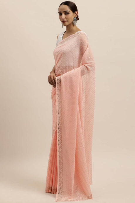 Georgette Sequin Embroidered Saree In Pink