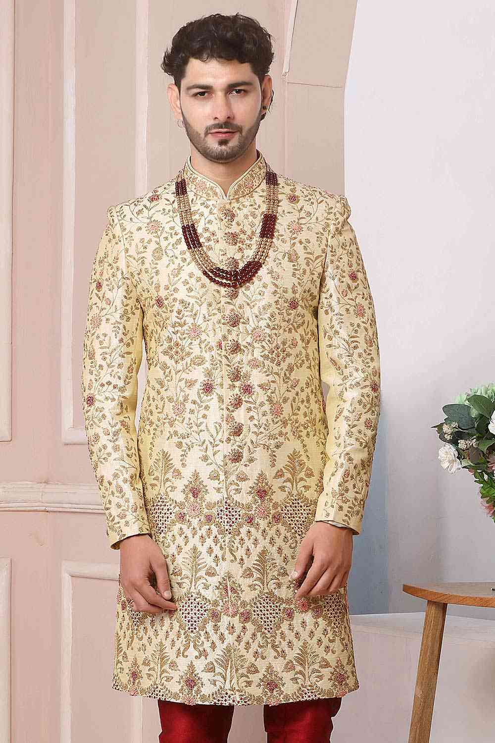 Buy Fawn Brown Art Banarasi Silk Embroidered Sherwani Set Online - Karmaplace