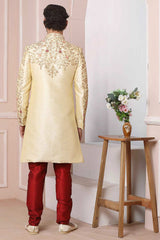 Buy Fawn Brown Art Banarasi Silk Embroidered Sherwani Set Online - Karmaplace