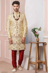 Buy Fawn Brown Art Banarasi Silk Embroidered Sherwani Set Online - Karmaplace