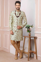 Buy Green Art Banarasi Silk Embroidered Sherwani Set Online - Karmaplace