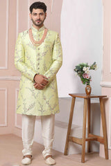 Buy Green Art Banarasi Silk Embroidered Sherwani Set Online - Karmaplace