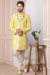Buy Yellow Art Banarasi Silk Embroidered Sherwani Set Online - Karmaplace