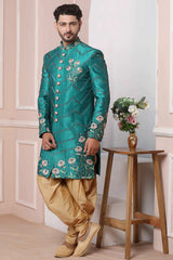 Buy Green Art Banarasi Silk Embroidered Sherwani Set Online - Karmaplace