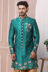 Buy Green Art Banarasi Silk Embroidered Sherwani Set Online - Karmaplace