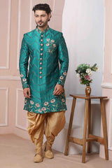 Buy Green Art Banarasi Silk Embroidered Sherwani Set Online - Karmaplace