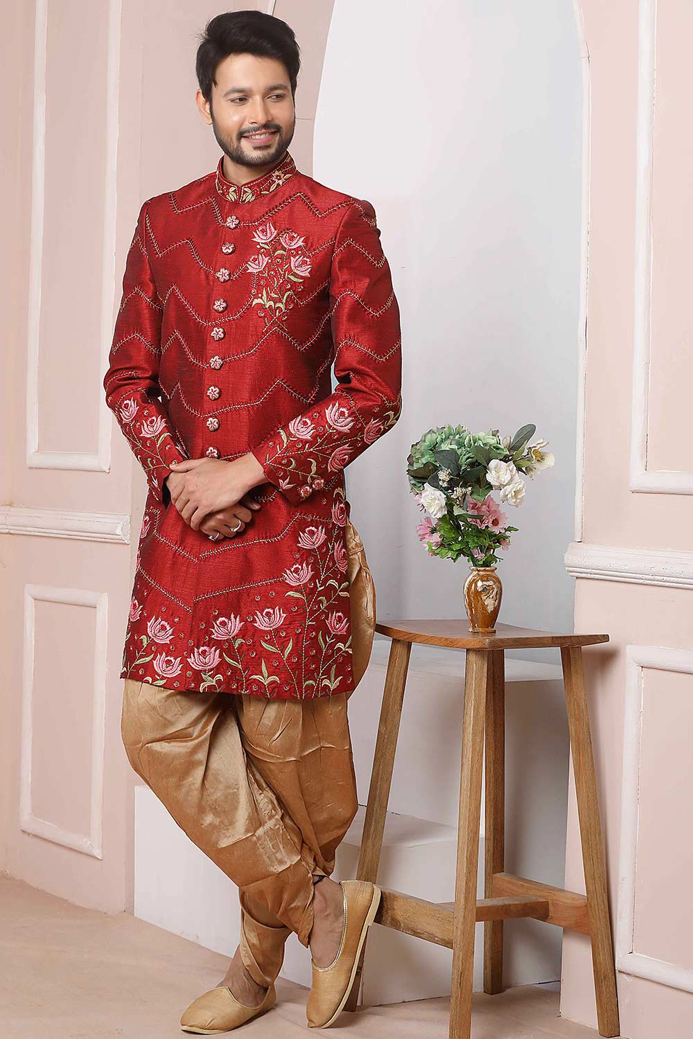 Buy Maroon Art Banarasi Silk Embroidered Sherwani Set Online - Karmaplace