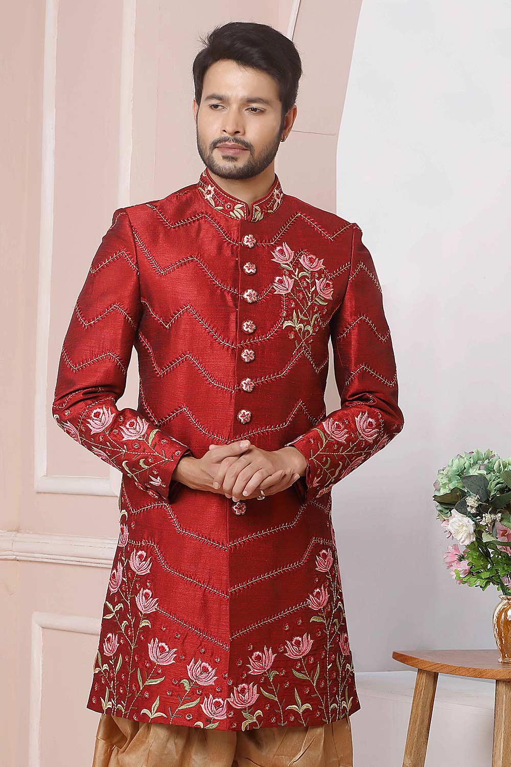 Buy Maroon Art Banarasi Silk Embroidered Sherwani Set Online - Karmaplace