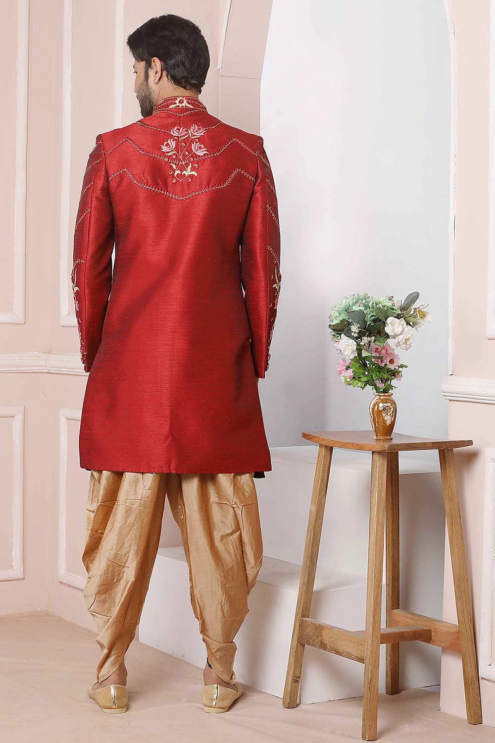 Buy Maroon Art Banarasi Silk Embroidered Sherwani Set Online - Karmaplace