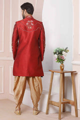 Buy Maroon Art Banarasi Silk Embroidered Sherwani Set Online - Karmaplace