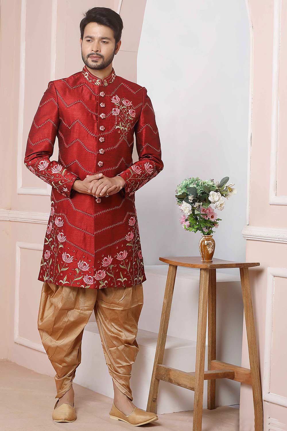 Buy Maroon Art Banarasi Silk Embroidered Sherwani Set Online - Karmaplace