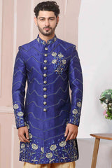 Buy Blue Art Banarasi Silk Embroidered Sherwani Set Online - Karmaplace
