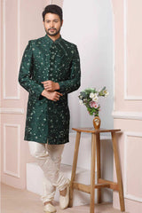 Buy Green Art Banarasi Silk Embroidered Sherwani Set Online - Karmaplace
