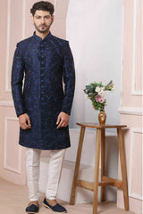 Buy Blue Art Banarasi Silk Embroidered Sherwani Set Online - Karmaplace