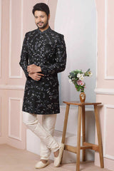 Buy Black Art Banarasi Silk Embroidered Sherwani Set Online - Karmaplace