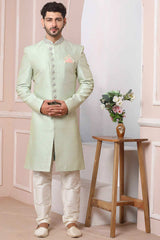 Buy Green Art Banarasi Silk Embroidered Indo-Western Sherwani Set Set Online - Karmaplace