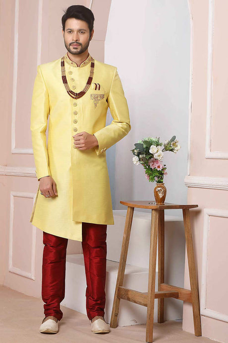 Buy Yellow Art Banarasi Silk Embroidered Indo-Western Sherwani Set Set Online - Karmaplace