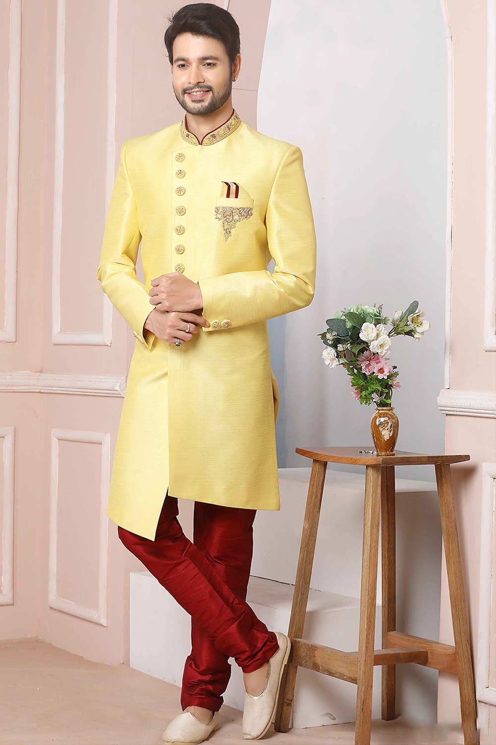 Buy Yellow Art Banarasi Silk Embroidered Indo-Western Sherwani Set Set Online - Karmaplace