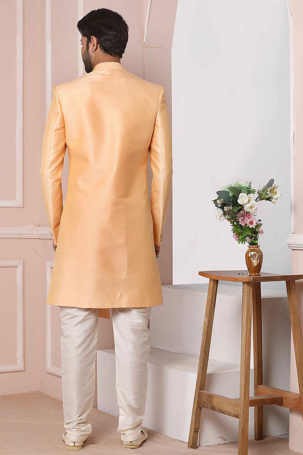 Buy Orange Art Banarasi Silk Embroidered Indo-Western Sherwani Set Set Online - Karmaplace