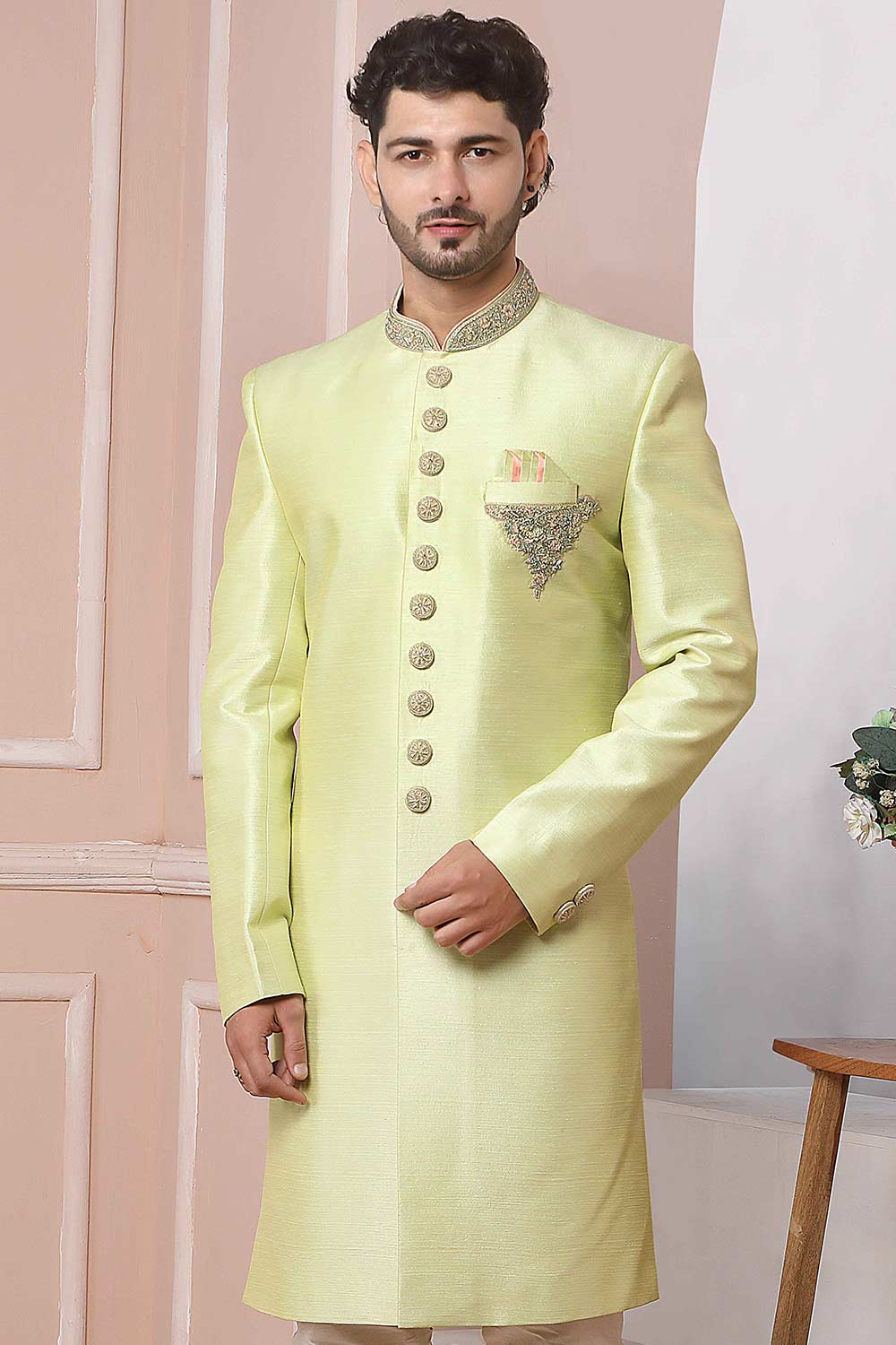 Buy Green Art Banarasi Silk Embroidered Indo-Western Sherwani Set Set Online - Karmaplace