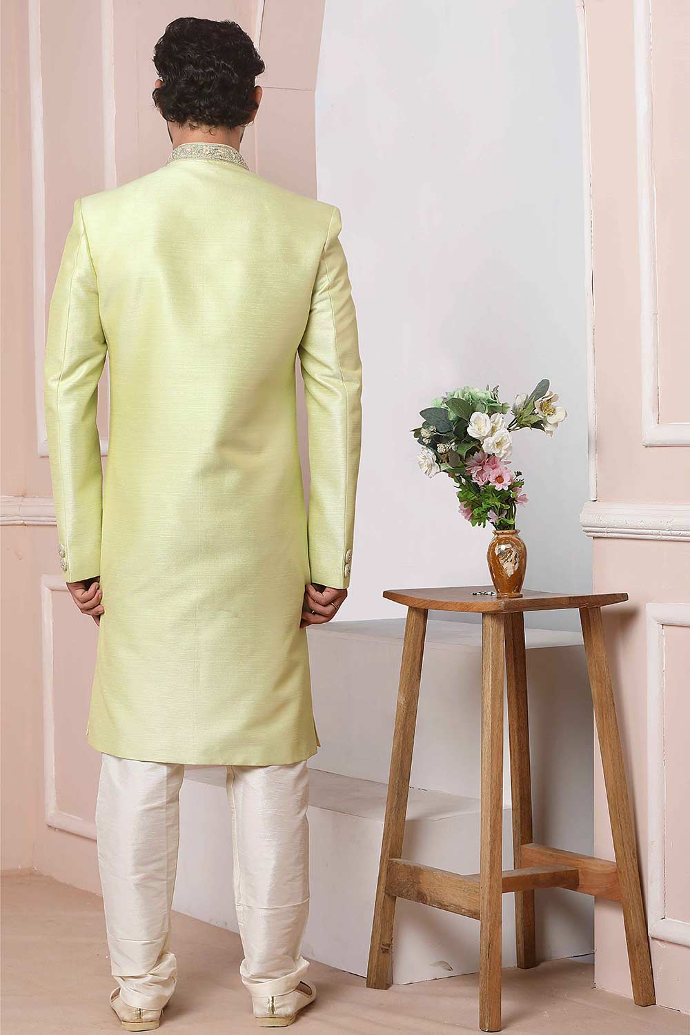 Buy Green Art Banarasi Silk Embroidered Indo-Western Sherwani Set Set Online - Karmaplace