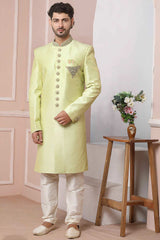 Buy Green Art Banarasi Silk Embroidered Indo-Western Sherwani Set Set Online - Karmaplace