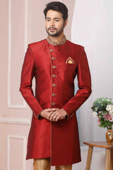 Buy Maroon Art Banarasi Silk Embroidered Indo-Western Sherwani Set Set Online - Karmaplace