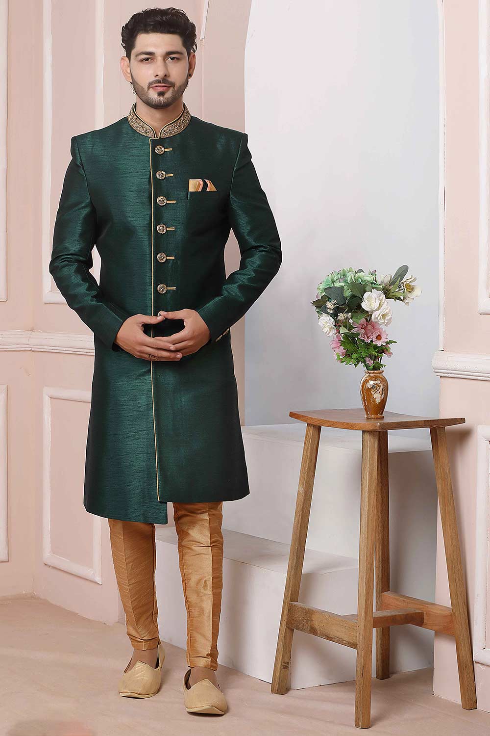 Buy Green Art Banarasi Silk Embroidered Indo-Western Sherwani Set Set Online - Karmaplace