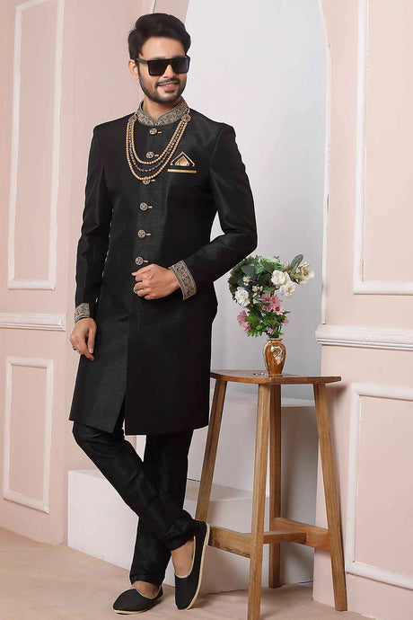 Buy Black Art Banarasi Silk Embroidered Indo-Western Sherwani Set Set Online - Karmaplace