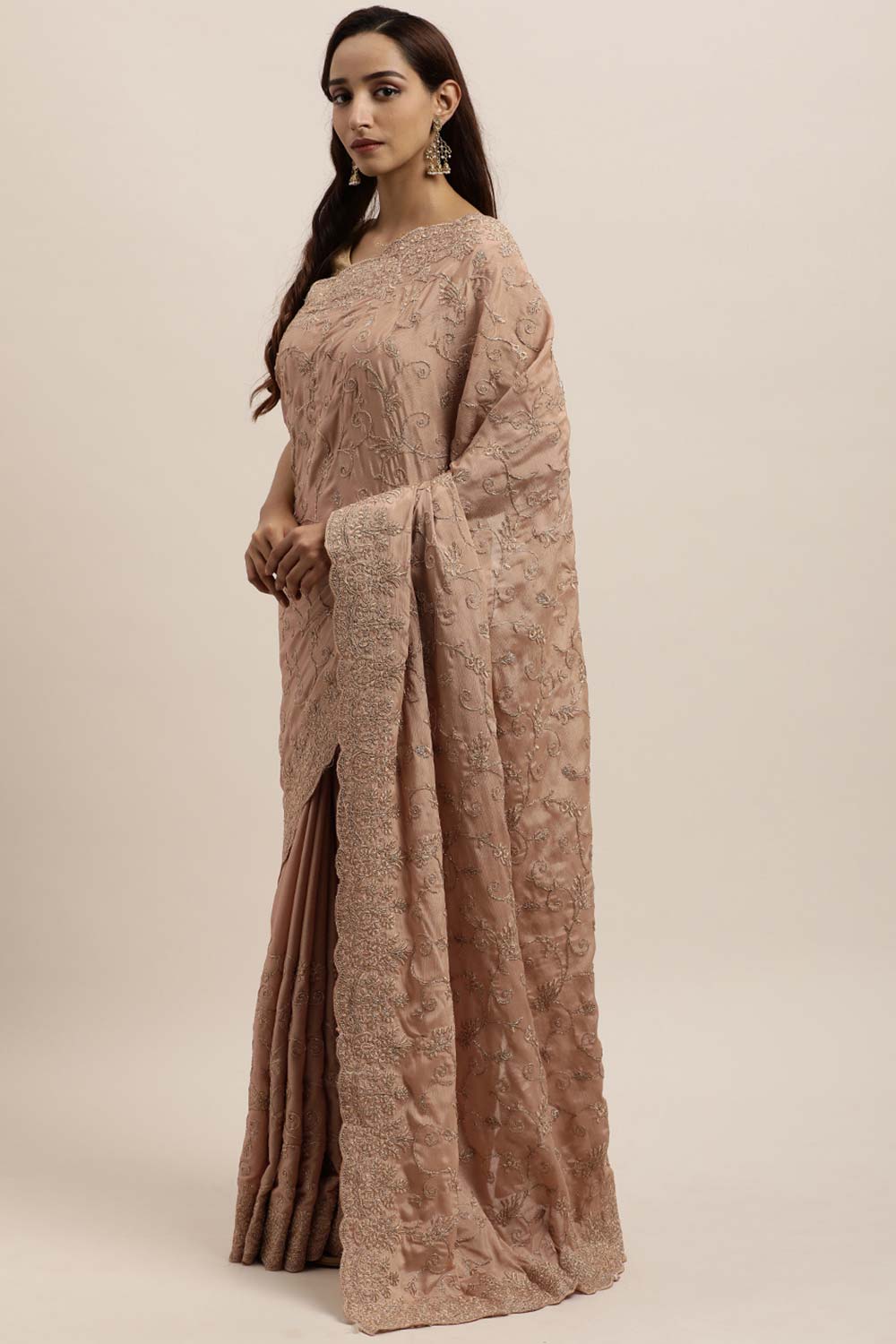 Chinon Embroidered Saree In Golden