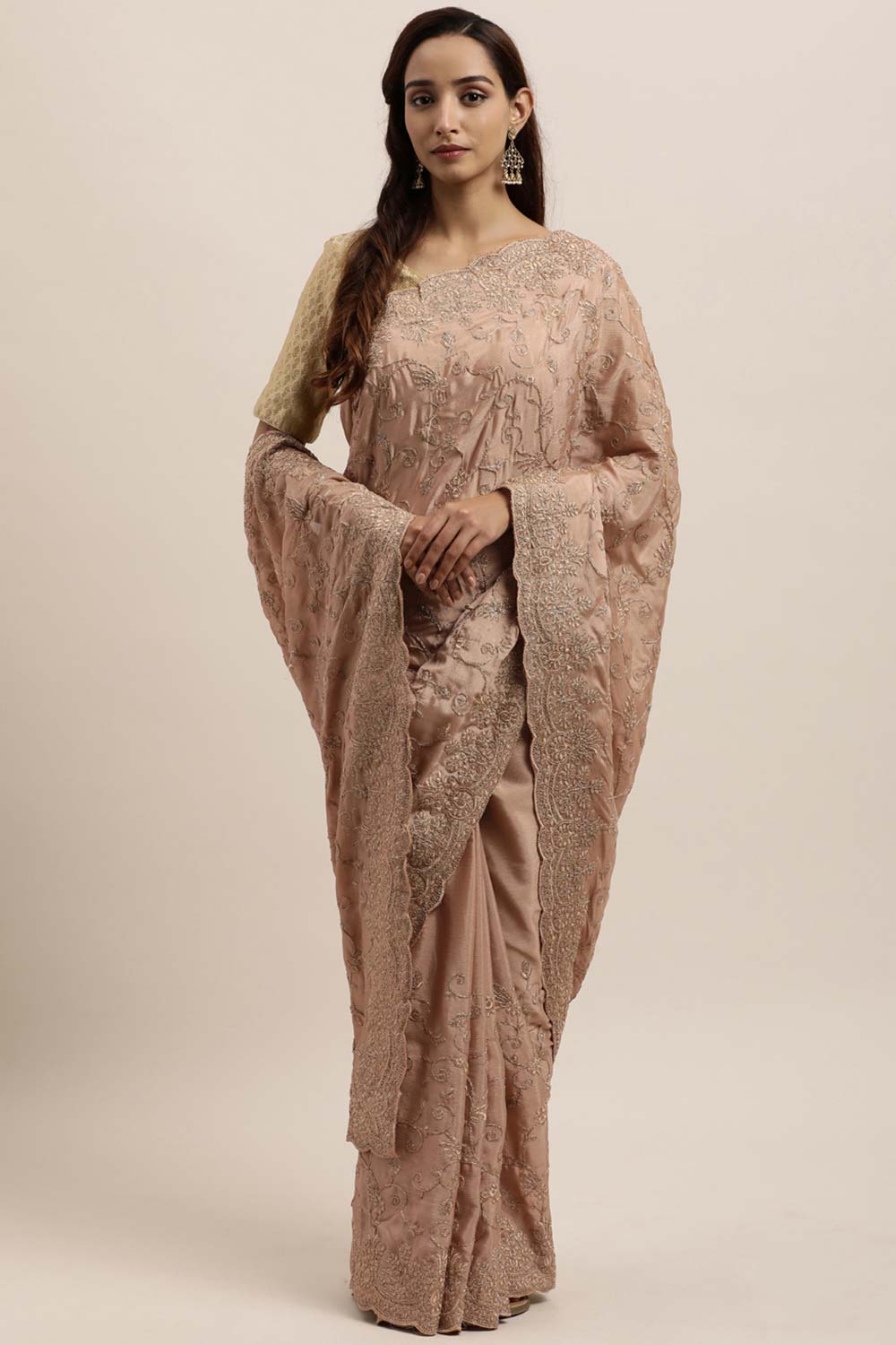 Chinon Embroidered Saree In Golden