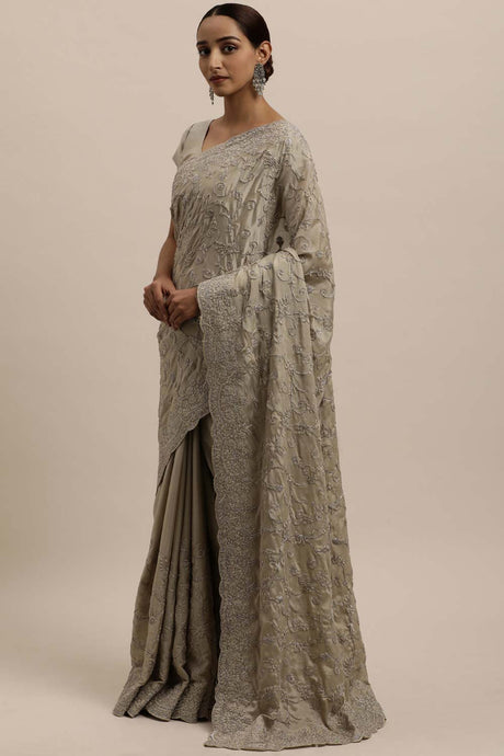 Chinon Embroidered Saree In Grey