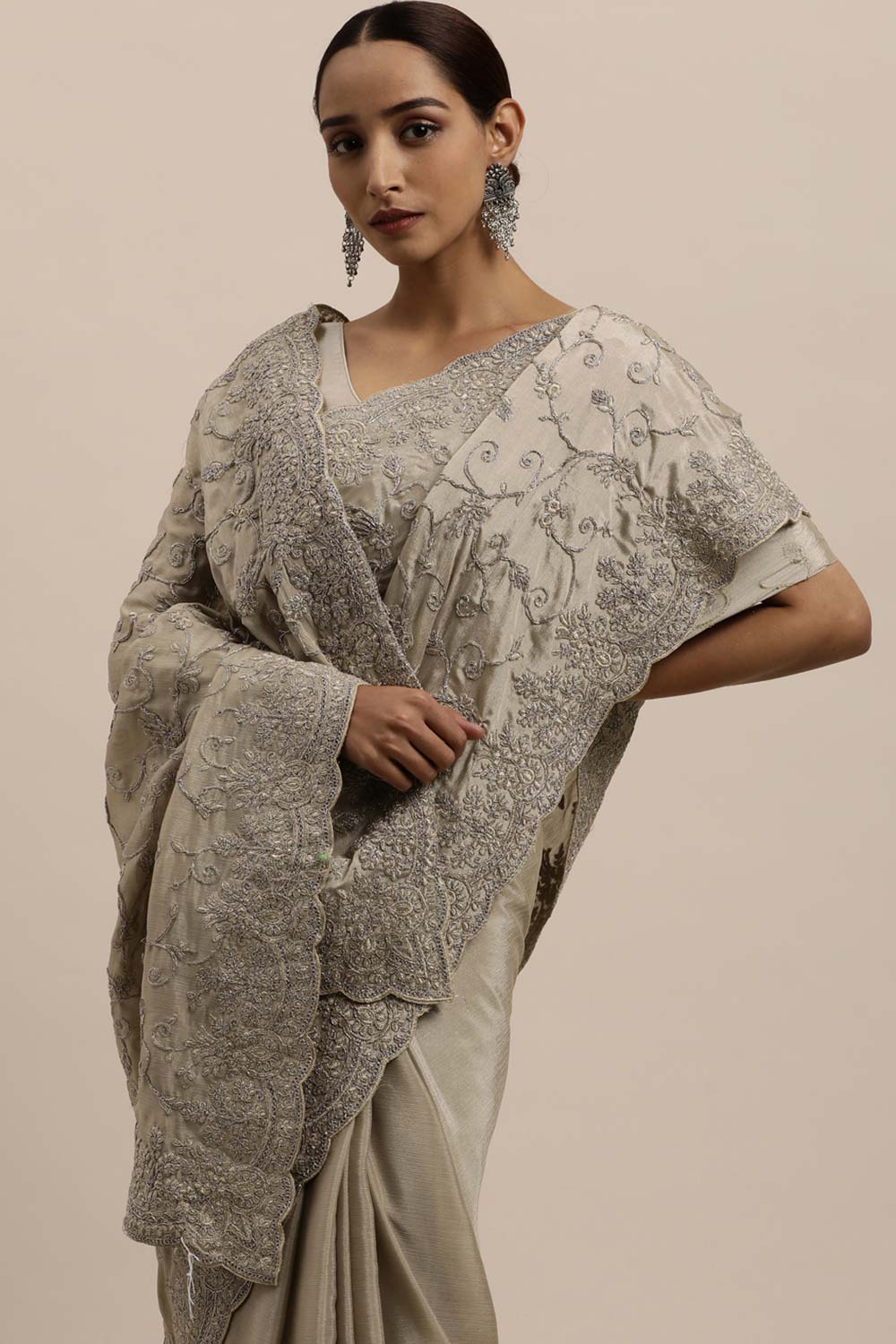 Chinon Embroidered Saree In Grey