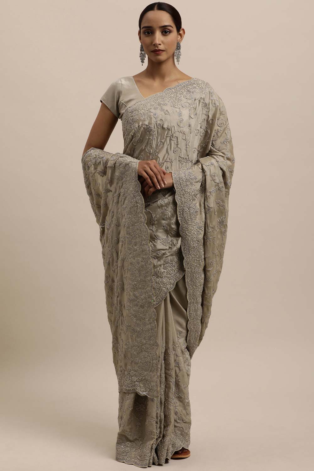 Chinon Embroidered Saree In Grey