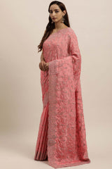 Chinon Embroidered Saree In Pink