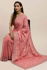 Chinon Embroidered Saree In Pink