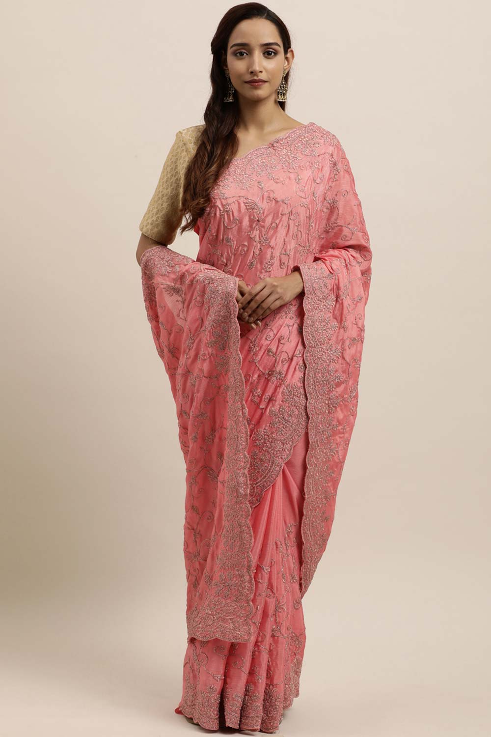 Chinon Embroidered Saree In Pink